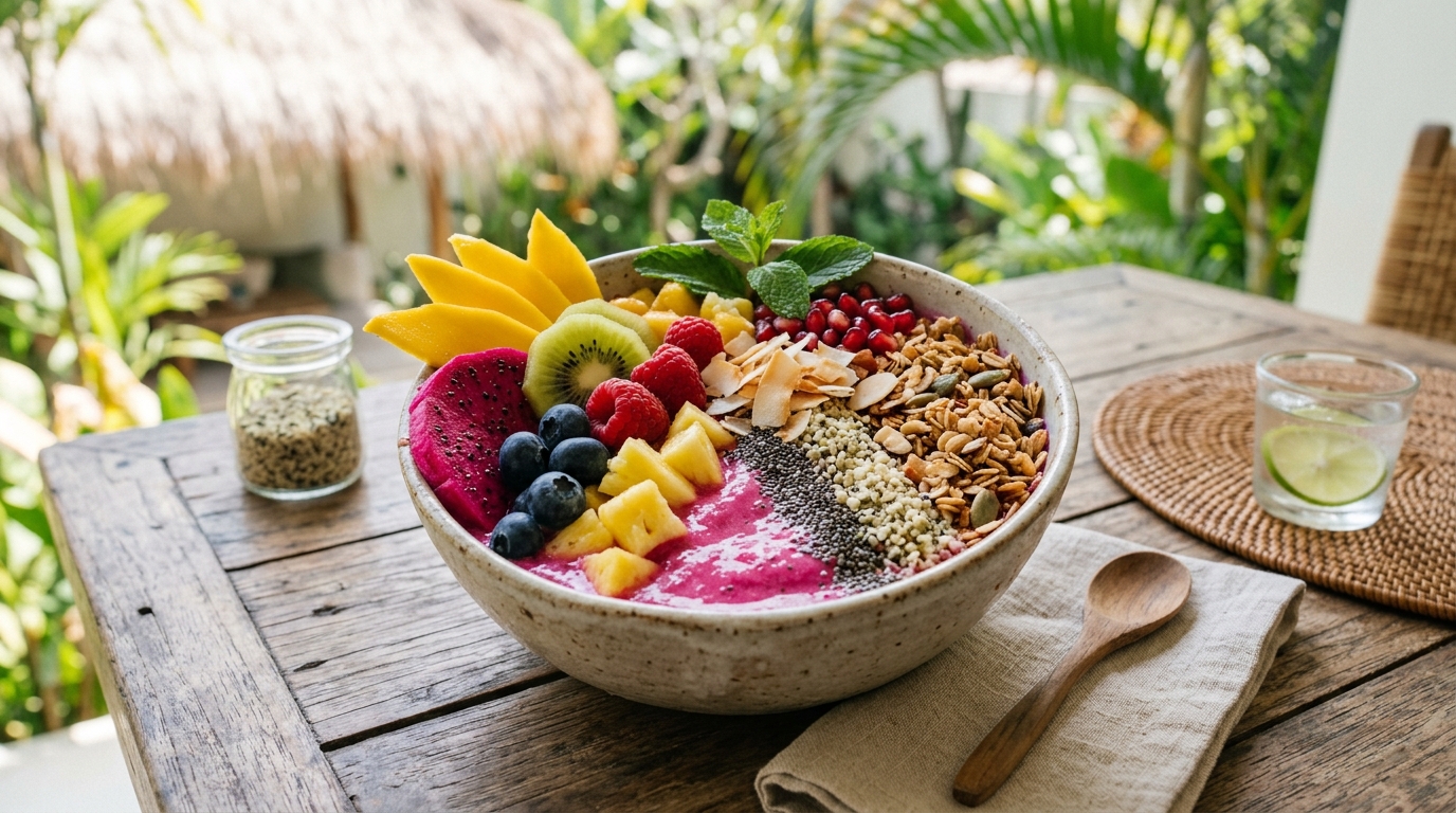 Čerstvé smoothie bowl s tropickým ovocem a semínky